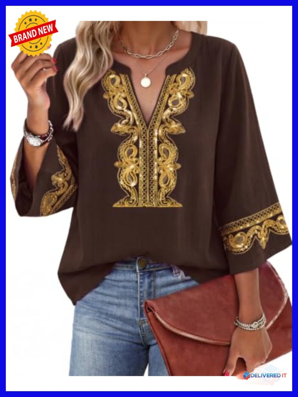 Women's 3/4 Sleeve Embroidered Lace V-Neck Tunic Top - Boho Peasant Blouse